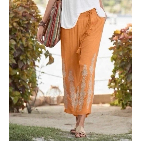 Nwt Sundance "Spice Route" Embroidered Wide Leg Viscose Pants Sz M Gold $118